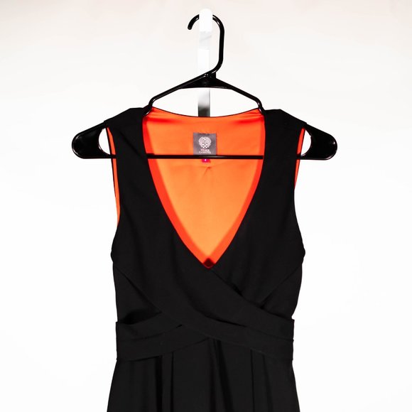 Vince Camuto Womens Dress Black Stretch V-Neck Belted Fit Flare Cocktail Party 4 - Picture 6 of 9